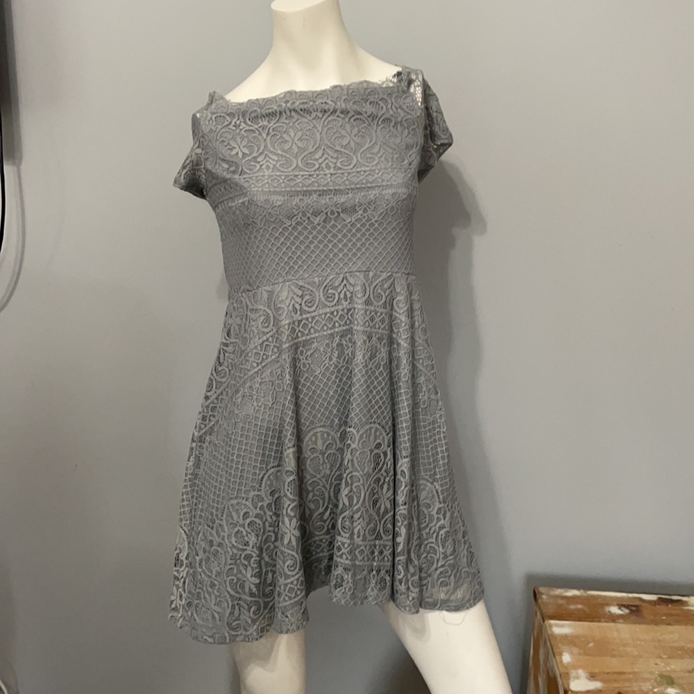 Rewind Gray lined lace off the shoulder dress, size XL. Bundle and Save!